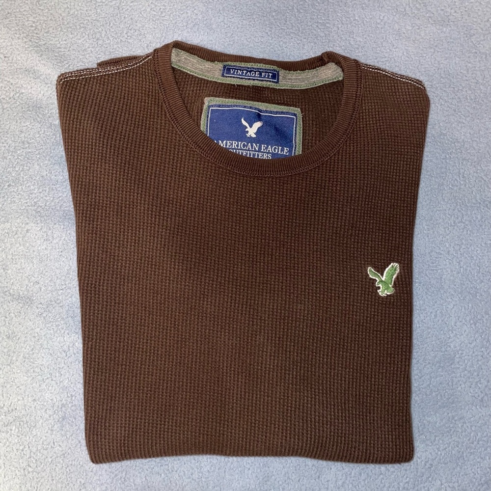 AE American Eagle Vintage Fit Brown Long Sleeve Thermal Waffle Shirt Sz Medium